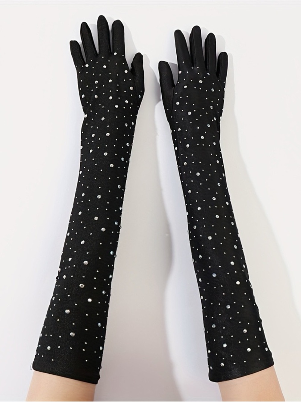 Black Sheer Rhinestone Mesh Opera Gloves - Long 19"